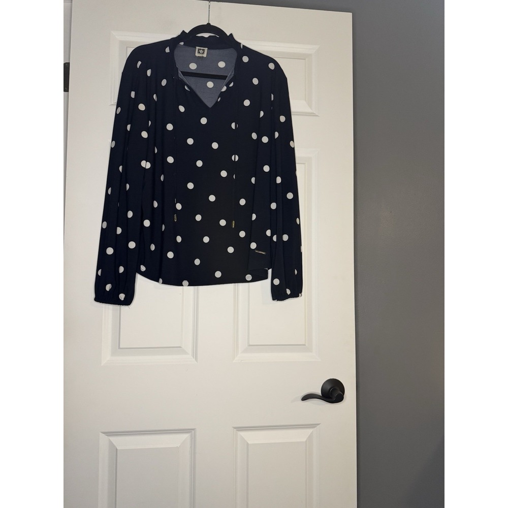 Anne Klein Long Sleeve V Neck Top Navy White Polka Dot Xl